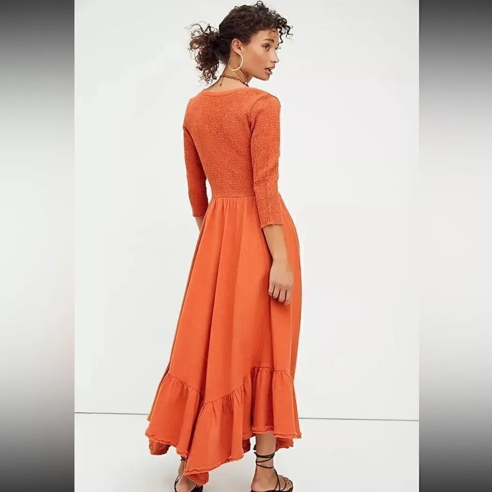 NEW FREE PEOPLE ENDLESS SUMMER PERFECT SOLUTION SMOCKED LACE UP MAXI DRESS